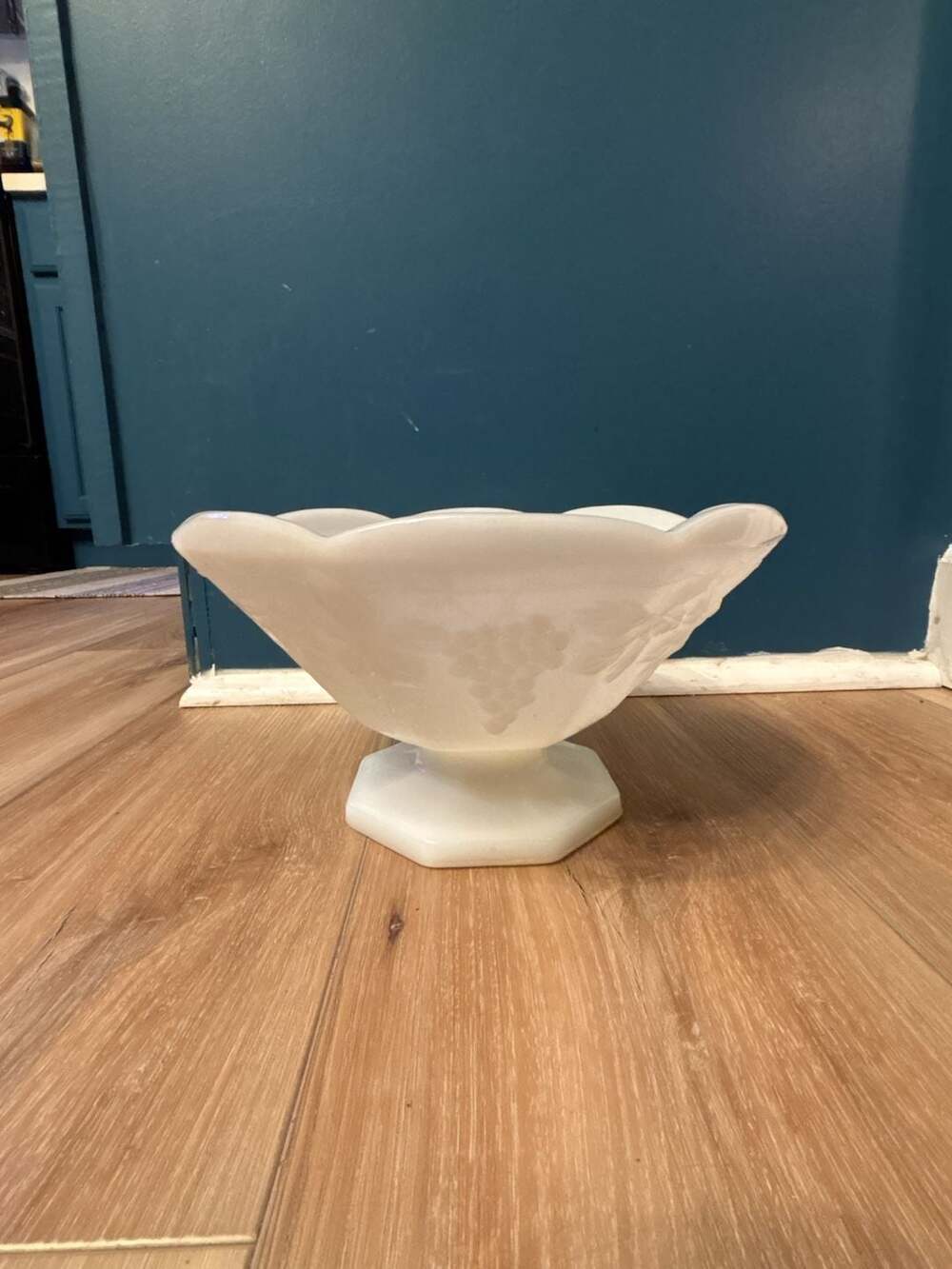 Vintage Imperial Glass Milk Glass Grape Pattern Pedestal Bowl Anchor Hocking